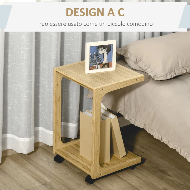 HOMCOM Tavolino da Divano con 4 Ruote e Design a C, Struttura Salvaspazio in Bambù per Salotto, 39x35.5x59cm, Colore Naturale
