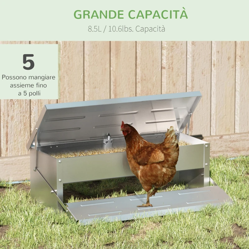 PawHut Mangiatoia per Galline 8.5 Litri 5 Polli, con Coperchio e Pedale, 56x37x18.5cm, Argento