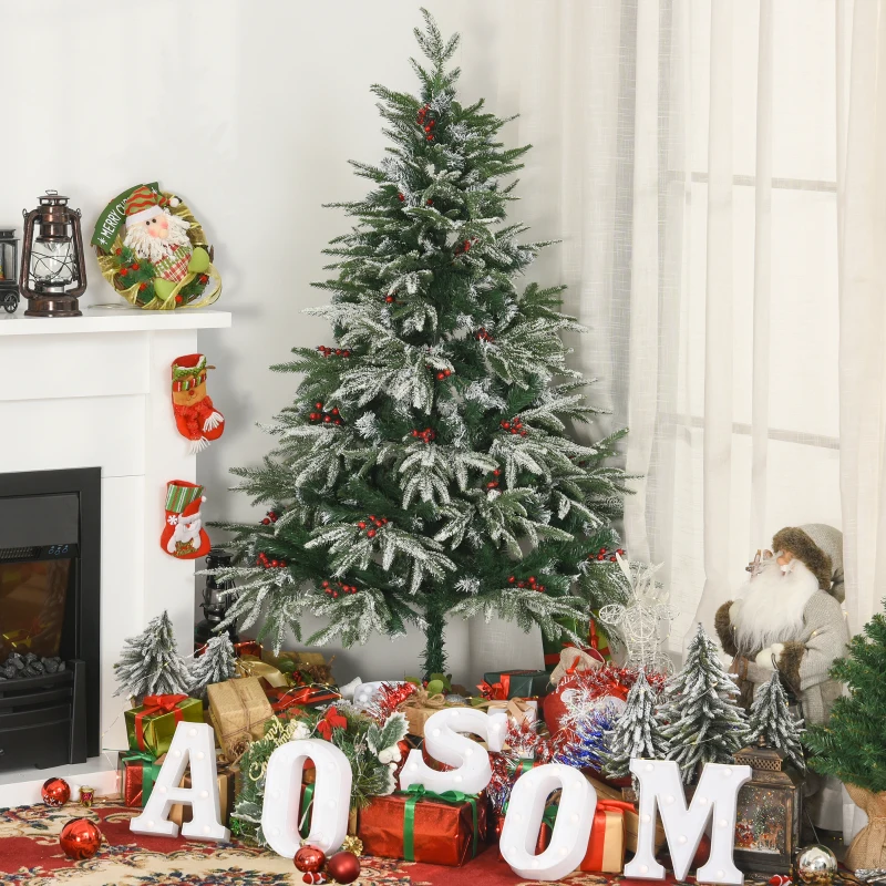HOMCM 5ft/1.5m Artificial Snow-Flocked Pine Tree Holiday Home Christmas Decoration with Red Berries, Automatic Open