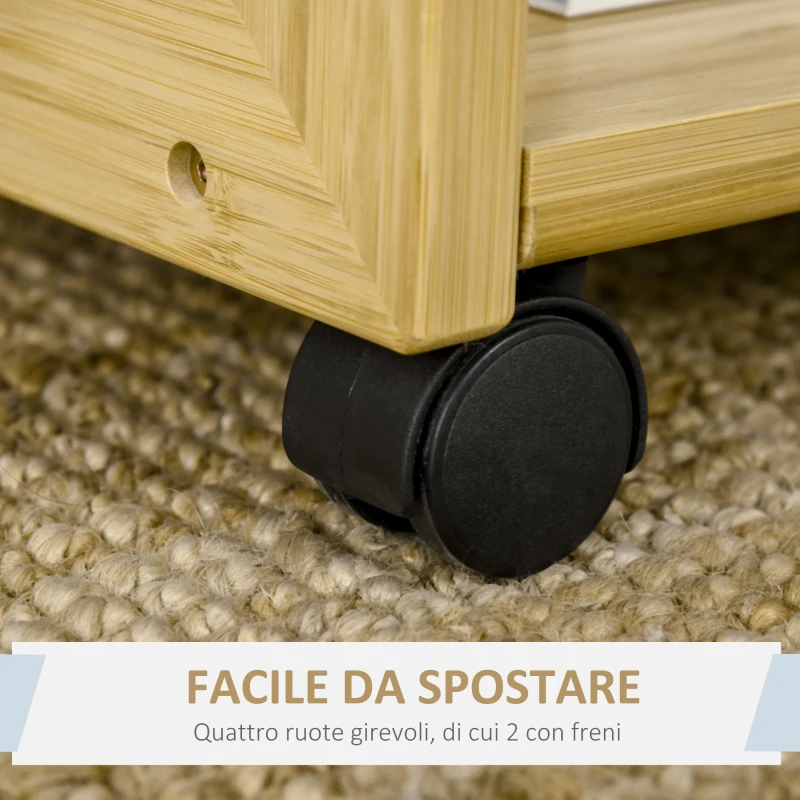 HOMCOM Tavolino da Divano con 4 Ruote e Design a C, Struttura Salvaspazio in Bambù per Salotto, 39x35.5x59cm, Colore Naturale