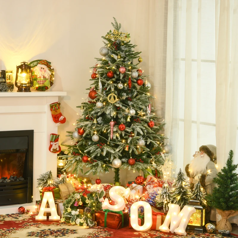 HOMCM 5ft/1.5m Artificial Snow-Flocked Pine Tree Holiday Home Christmas Decoration with Red Berries, Automatic Open