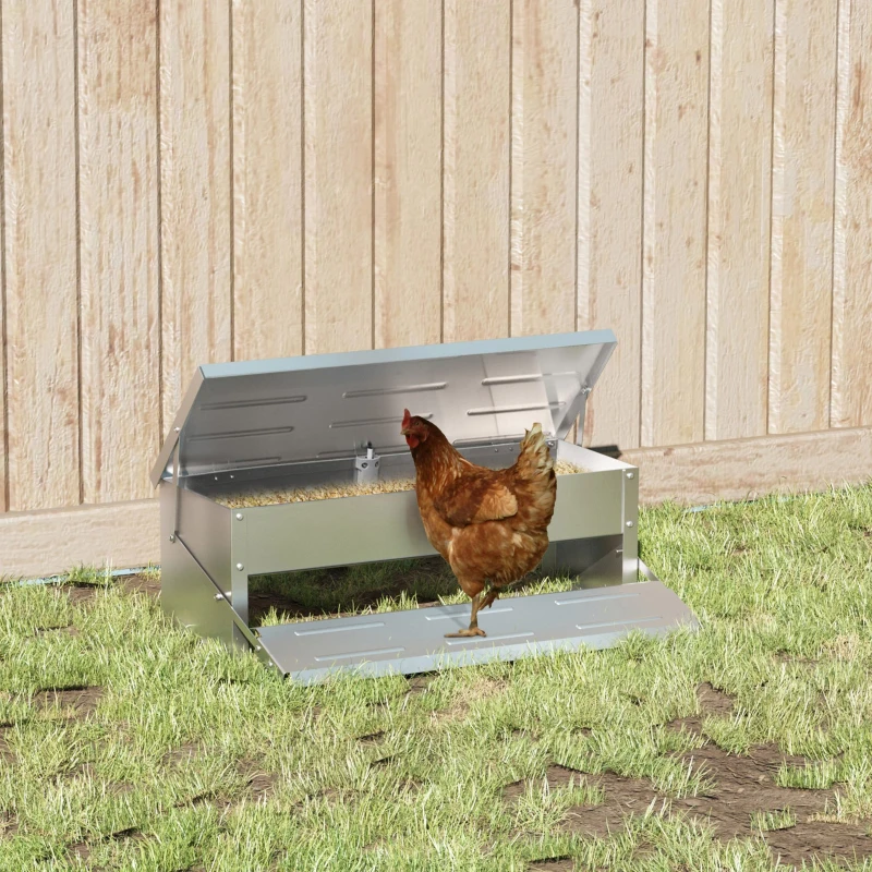 PawHut Mangiatoia per Galline 8.5 Litri 5 Polli, con Coperchio e Pedale, 56x37x18.5cm, Argento