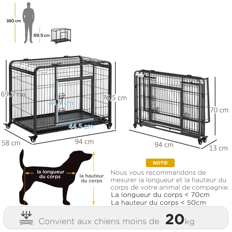 PawHut Heavy Duty Metal Dog Crates Foldable Puppy Kennel Pet Cage Playpen with Double Door Removable Tray Wheels with Brake Dark Grey