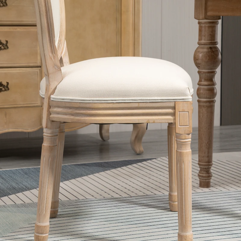 HOMCOM 2-Piece Set Dining Chairs Vintage Kitchen Chair Upholstered with Backrest Linen-Touch Solid Wood Cream White + Natural 49 x 56 x 96 cm