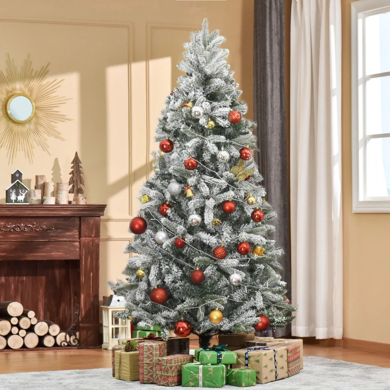 HOMCM 5ft Artificial Snow-Flocked Tree Holiday Home Indoor Christmas Decoration with Metal Feet, Green