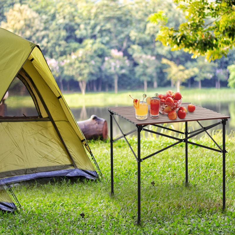 Outsunny Square Folding Aluminium Picnic Table Portable Camping BBQ Table Roll Up Top with Carrying Bag