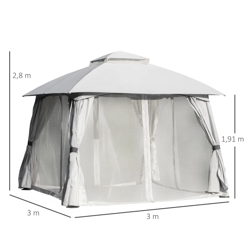 Outsunny 10' x 10' Steel Gazebo Canopy Party Tent Shelter with Double Roof & Curtains & Netting Sidewalls, Light Grey
