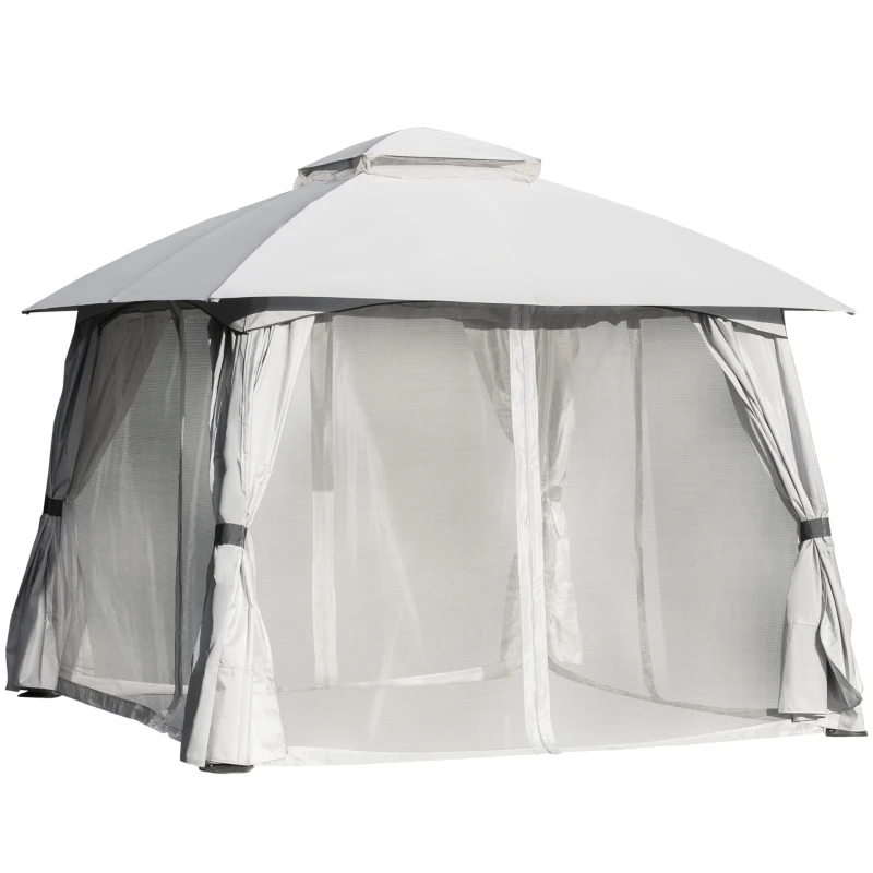 Outsunny 10' x 10' Steel Gazebo Canopy Party Tent Shelter with Double Roof & Curtains & Netting Sidewalls, Light Grey