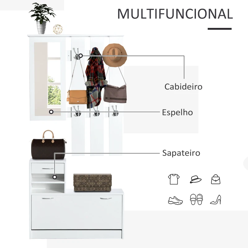 HOMCOM Móvel Cabide de Entrada de 3 Peças Armário de Entrada com Cabide Espelho Sapateira e Gaveta 90x10x102 cm Branco