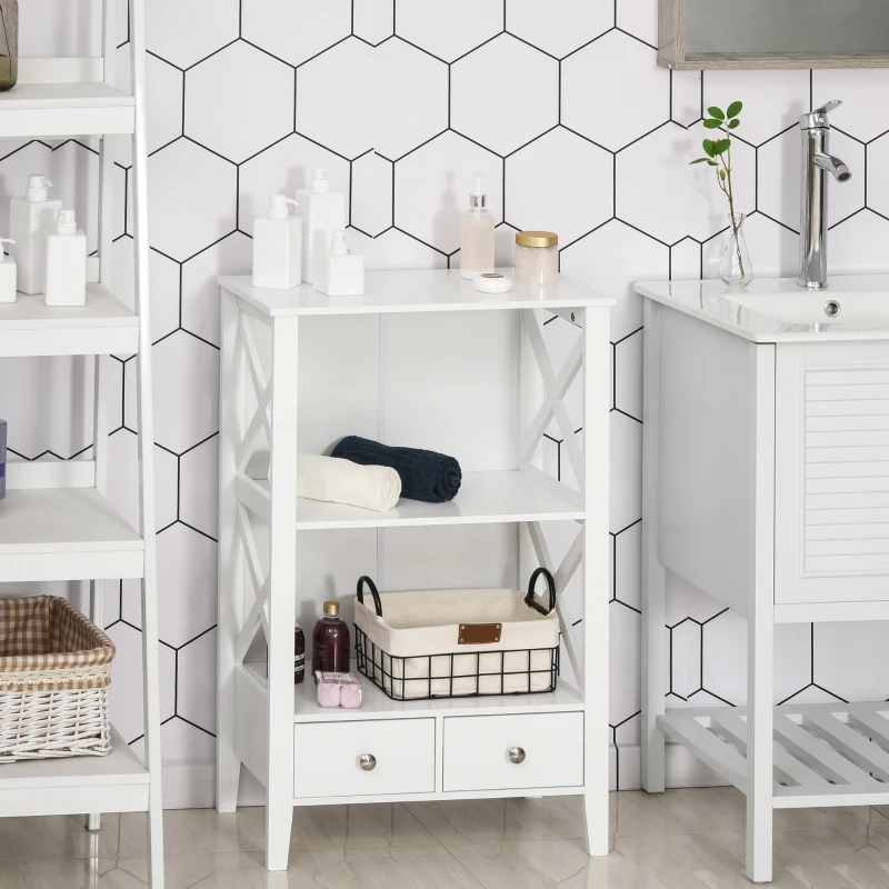 kleankin X- Frame Freestanding Floor Bathroom Storage Rack with Two Drawers, Storage Organizer, Cabinet with 3 Shelves, White