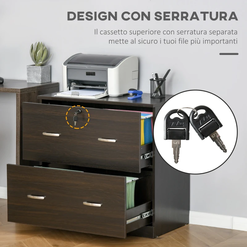 Vinsetto Cassettiera Ufficio in Legno con 2 Cassetti, Serratura e 2 Chiavi, Color Noce