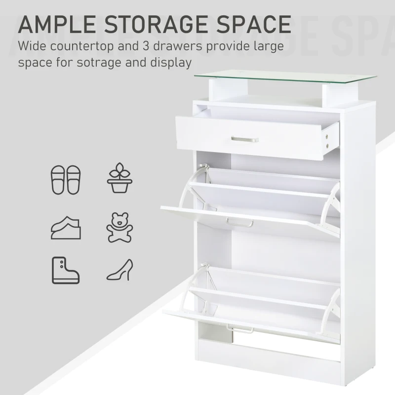 HOMCOM Multi-Functional Drawer Shoe Cabinet with Glass Top Entryway Boots Storage Rack