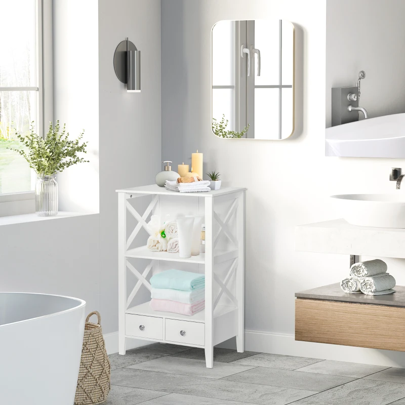 kleankin X- Frame Freestanding Floor Bathroom Storage Rack with Two Drawers, Storage Organizer, Cabinet with 3 Shelves, White