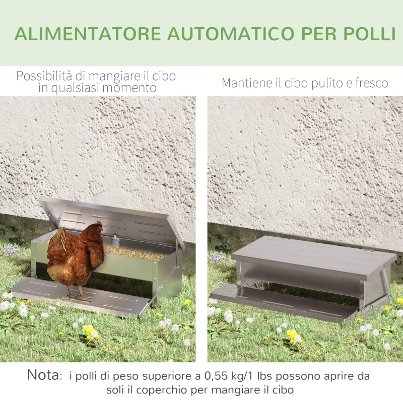 PawHut Mangiatoia per Galline 8.5 Litri 5 Polli, con Coperchio e Pedale, 56x37x18.5cm, Argento