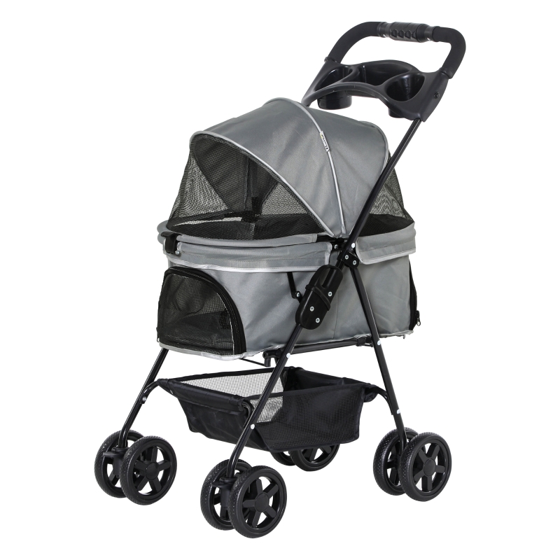 PawHut Cochecito para Mascotas Plegable Carrito para Perros Desmontable Acero Tela Oxford Ruedas Giratorias Frenos Ventana para Perros Gatos Pequeñitos 67x45x96 cm Gris