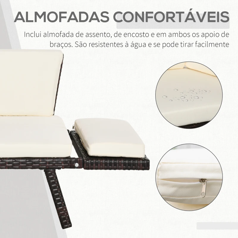 Outsunny Sofá de 2 Lugares Vime Sintético Convertível em Cama Sofá de Jardim Exterior com Almofada Mobiliário Pátio Terraço 129x63x67 cm Marrom e Bege