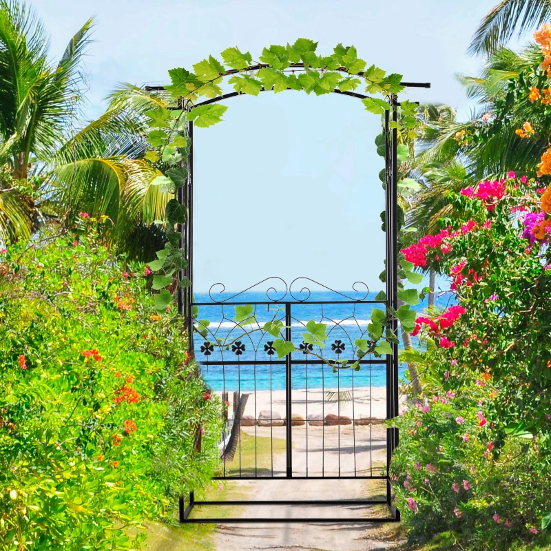 Outsunny Garden Outdoor Entrance Arch with Door Outdoor Patio Decoration for Rose Trellis Arbour Climbing Plant 131L x 49W x 200Hcm