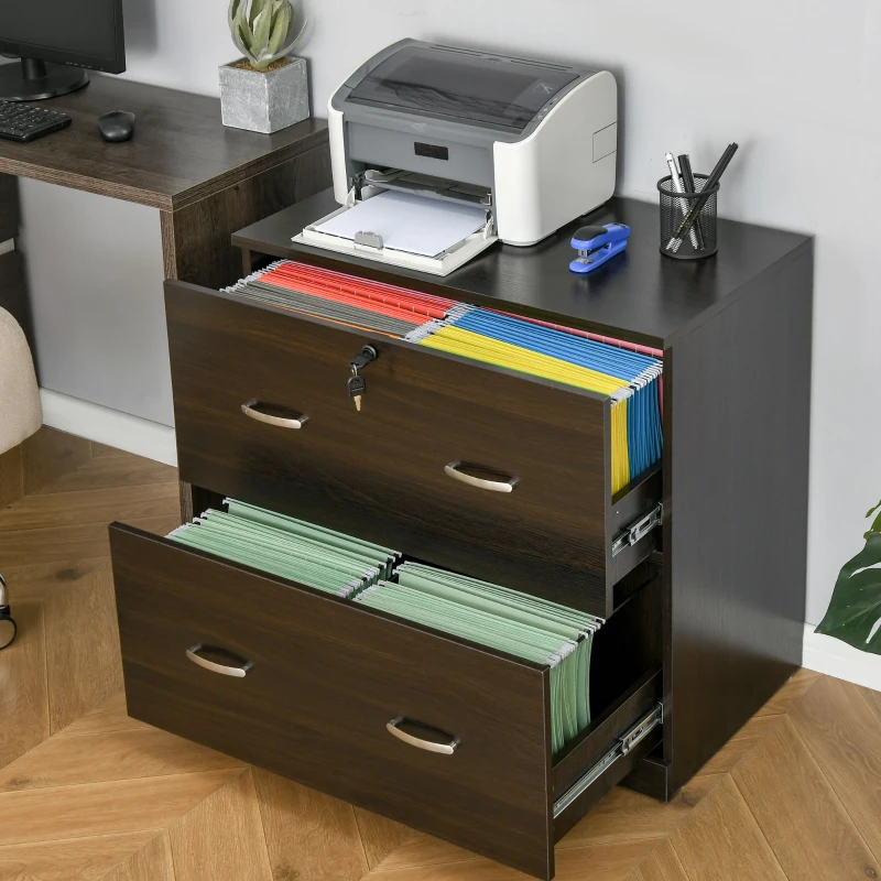 Vinsetto Cassettiera Ufficio in Legno con 2 Cassetti, Serratura e 2 Chiavi, Color Noce