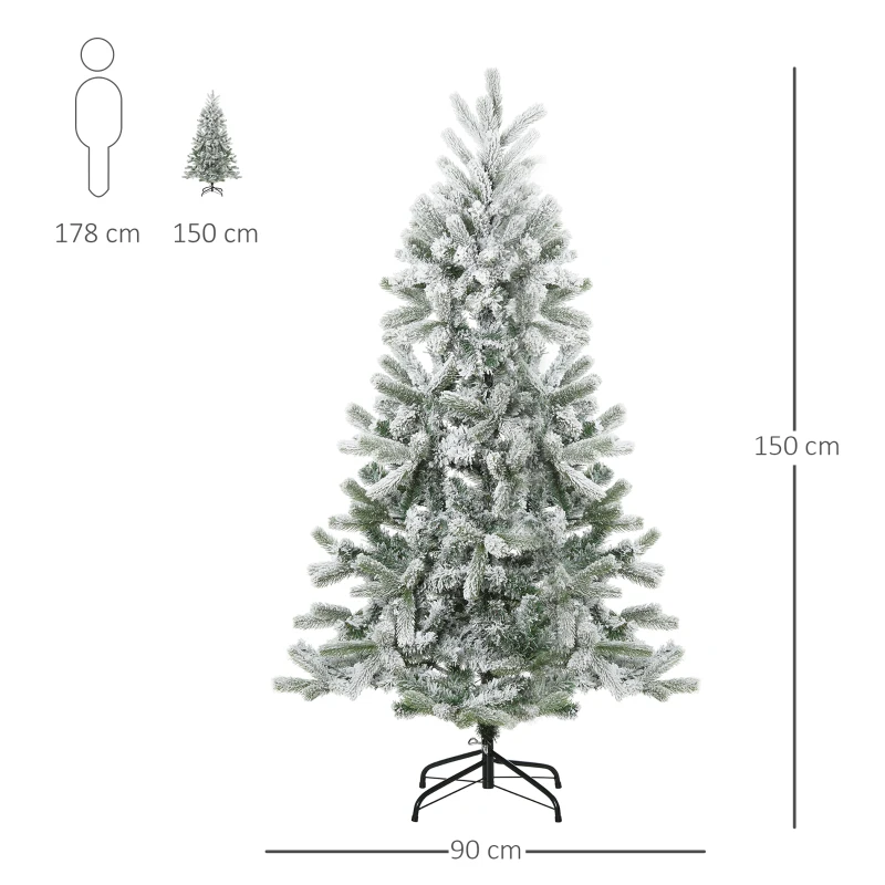 HOMCM 5ft Artificial Snow-Flocked Tree Holiday Home Indoor Christmas Decoration with Metal Feet, Green