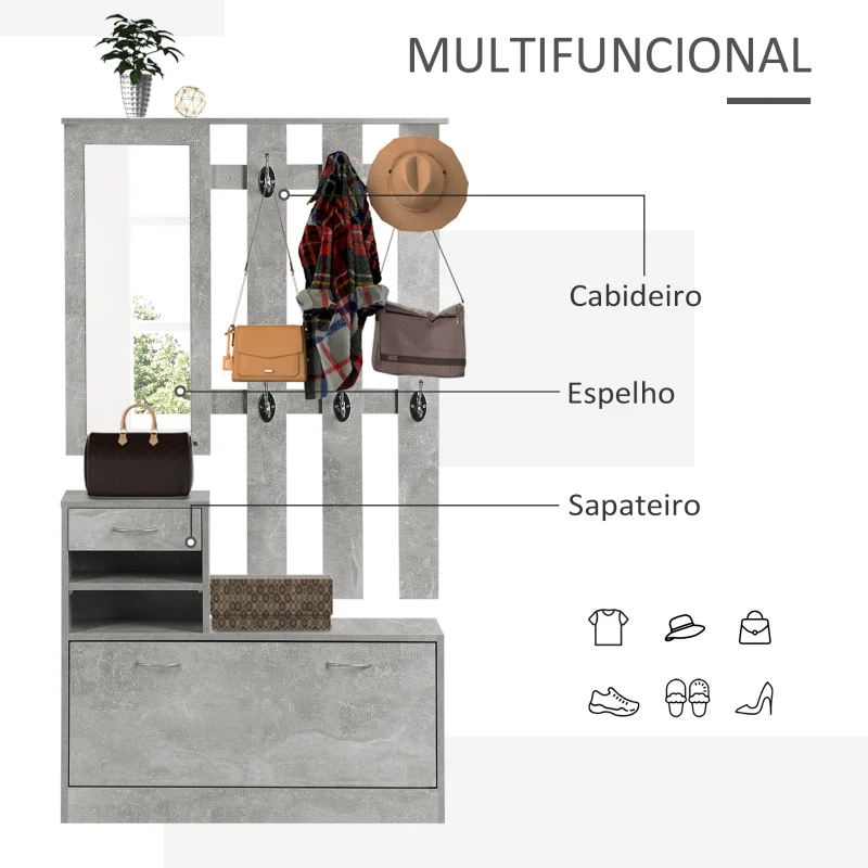 HOMCOM Móvel Cabide de Entrada de 3 Peças Armário de Entrada com Cabide Espelho Sapateira e Gaveta 90x10x102 cm Cinza
