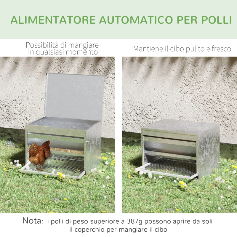 PawHut Mangiatoia per Galline 22 Litri 4 Polli, con Coperchio e Pedale, 51x38x40.5cm, Argento
