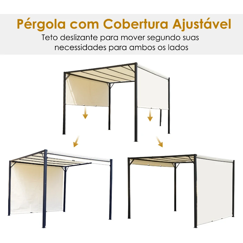 Outsunny Pérgola 3x3 Pérgola com Teto Retrátil e Parede Lateral Versátil para Jardim pátio Terraço e Tecido de Poliéster Creme e Preto