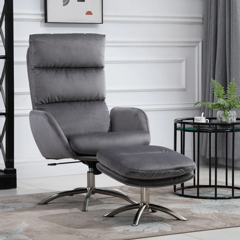 HOMCOM 2 Pieces Modern Stylish Ergonomic Tilt Leisure Armchair w/ Ottoman Grey Silver