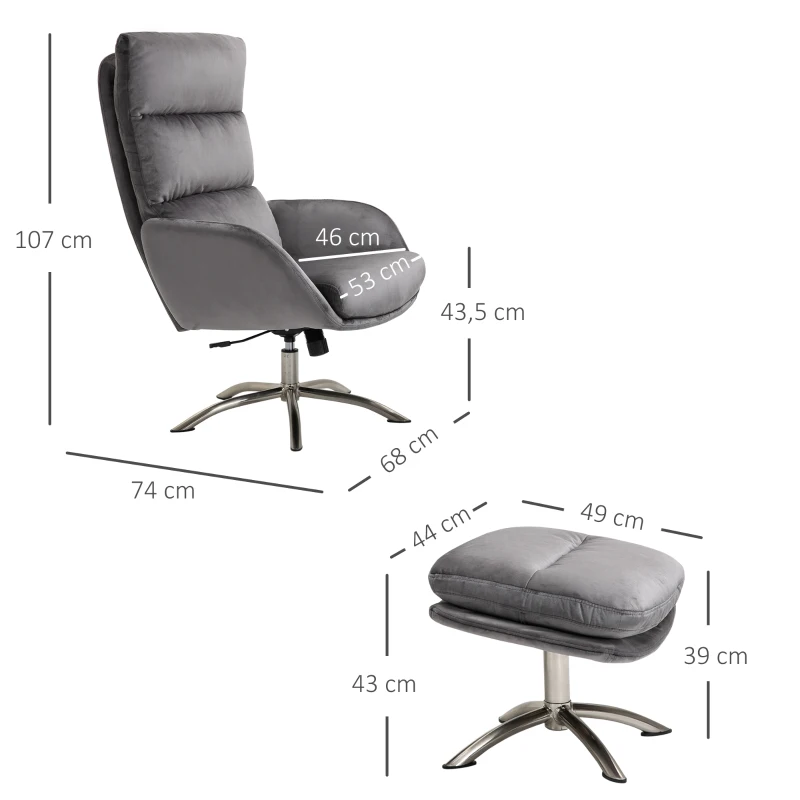 HOMCOM 2 Pieces Modern Stylish Ergonomic Tilt Leisure Armchair w/ Ottoman Grey Silver