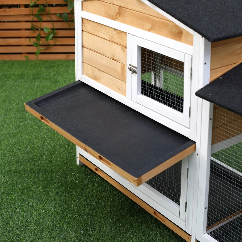 PawHut Rabbit Hutch Guinea Pig Hutch Wooden House with Run, 2 Tier Pet Cage Outdoor with No-leak Plastic Trays, 157.4 x 53 x 93.5cm, Yellow