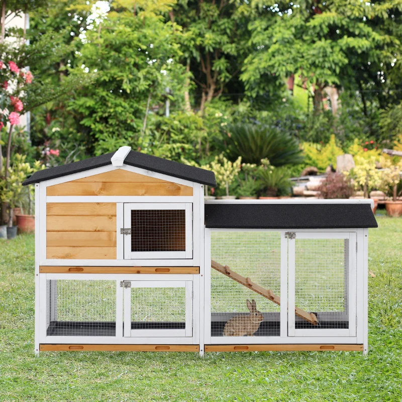 PawHut Rabbit Hutch Guinea Pig Hutch Wooden House with Run, 2 Tier Pet Cage Outdoor with No-leak Plastic Trays, 157.4 x 53 x 93.5cm, Yellow