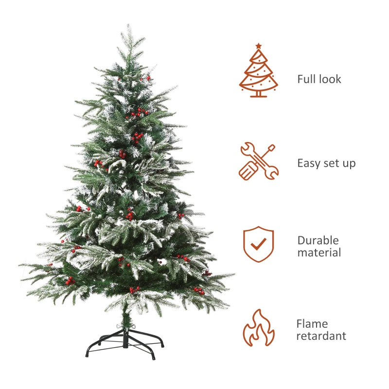 HOMCM 5ft/1.5m Artificial Snow-Flocked Pine Tree Holiday Home Christmas Decoration with Red Berries, Automatic Open