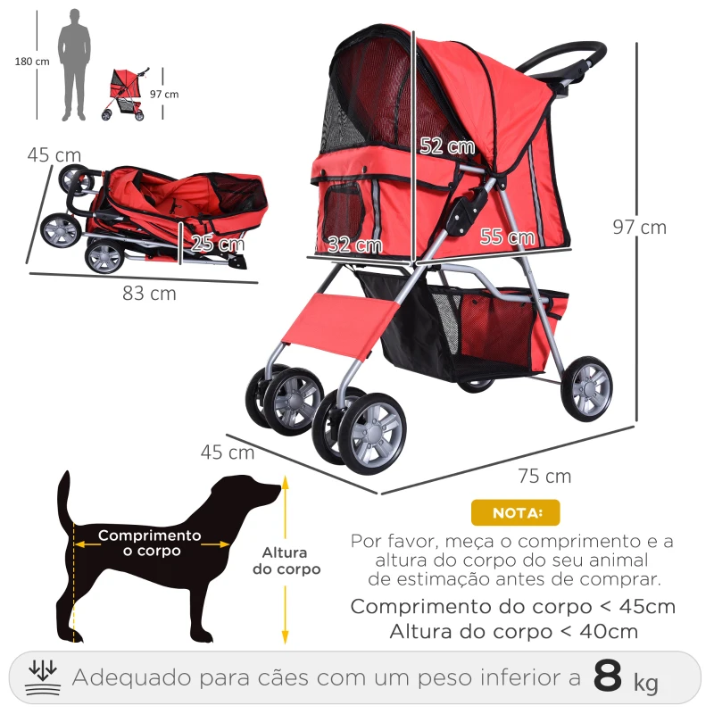 PawHut Carrinho de Passeio para Animais de Estimação Dobrável com Cesta de Armazenamento e Travão 75x45x97cm Vermelho