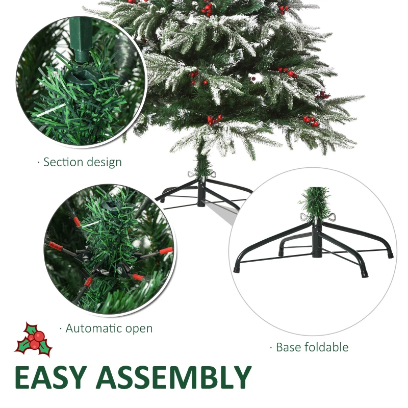 HOMCM 5ft/1.5m Artificial Snow-Flocked Pine Tree Holiday Home Christmas Decoration with Red Berries, Automatic Open