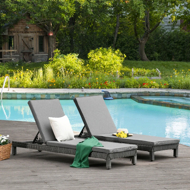 Outsunny Set 2 Sezlonguri de Gradina in PE Rattan cu Perna Captusita Gri