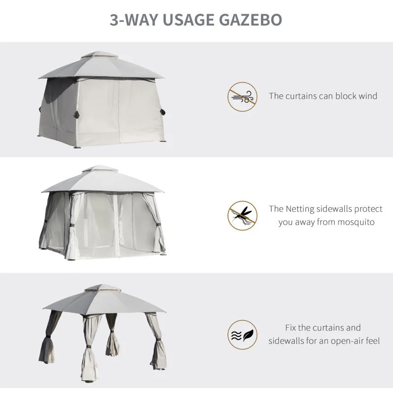 Outsunny 10' x 10' Steel Gazebo Canopy Party Tent Shelter with Double Roof & Curtains & Netting Sidewalls, Light Grey