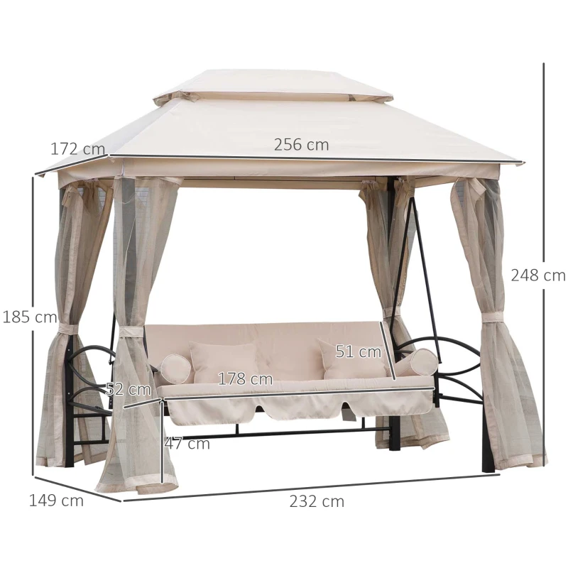 Outsunny Foisor cu Canapea cu 3 locuri si plasa de tantari, 256x172x248cm Culoare Bej(m-3)