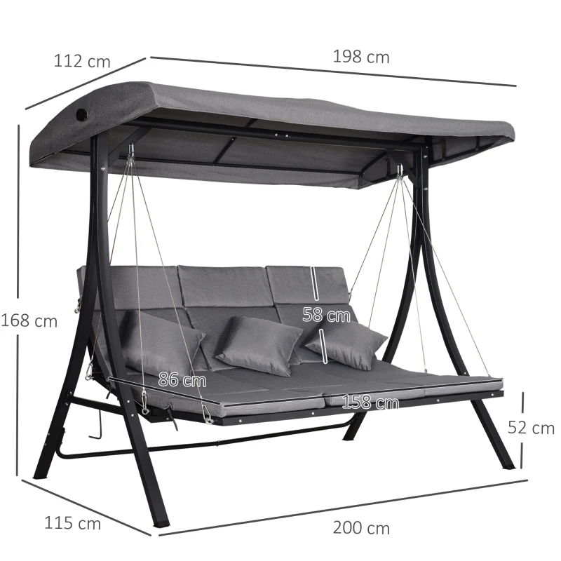 Outsunny Balansoar cu 3 Scaune din Material Textil cu Perne si Acoperis Reglabil, Gri, 200x115x168 cm(m-3)