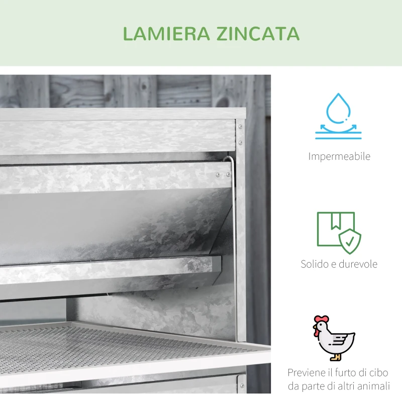 PawHut Mangiatoia per Galline 22 Litri 4 Polli, con Coperchio e Pedale, 51x38x40.5cm, Argento