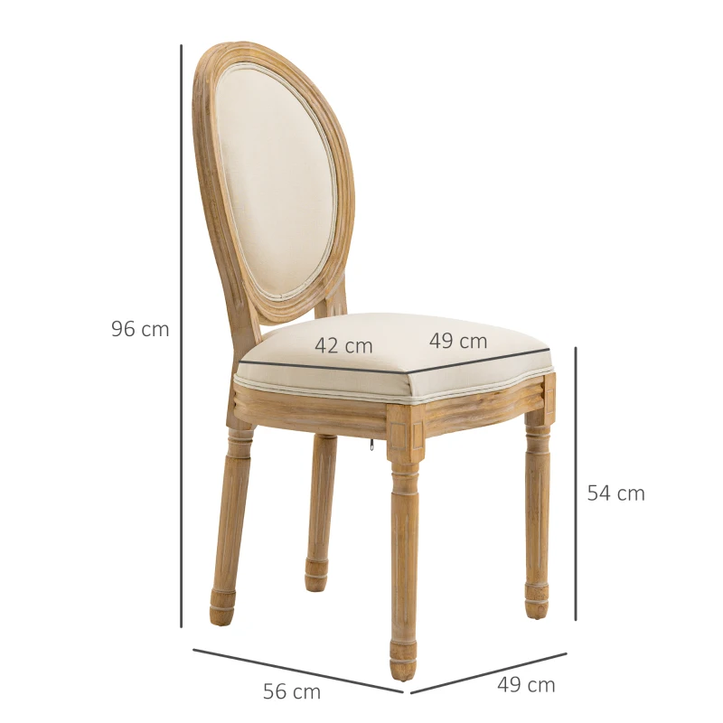 HOMCOM 2-Piece Set Dining Chairs Vintage Kitchen Chair Upholstered with Backrest Linen-Touch Solid Wood Cream White + Natural 49 x 56 x 96 cm