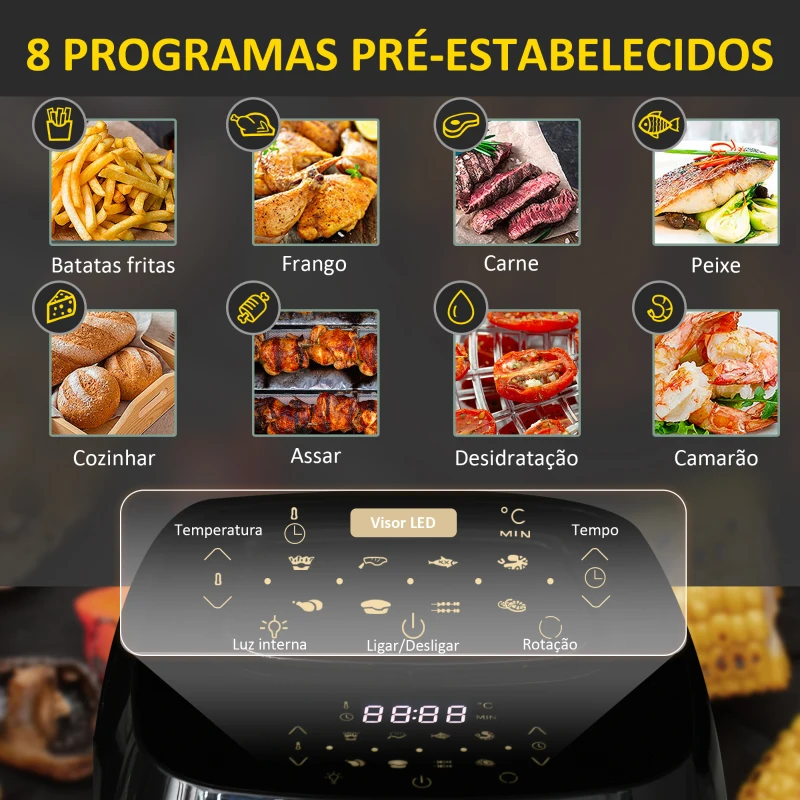 HOMCOM Fritadeira sem Óleo 1800W 11L Forno de Ar Quente com 8 Programas Tela Tátil LED Temporizador Desidratador e Acessórios Incluídos 32x35,6x37,9 cm Preto
