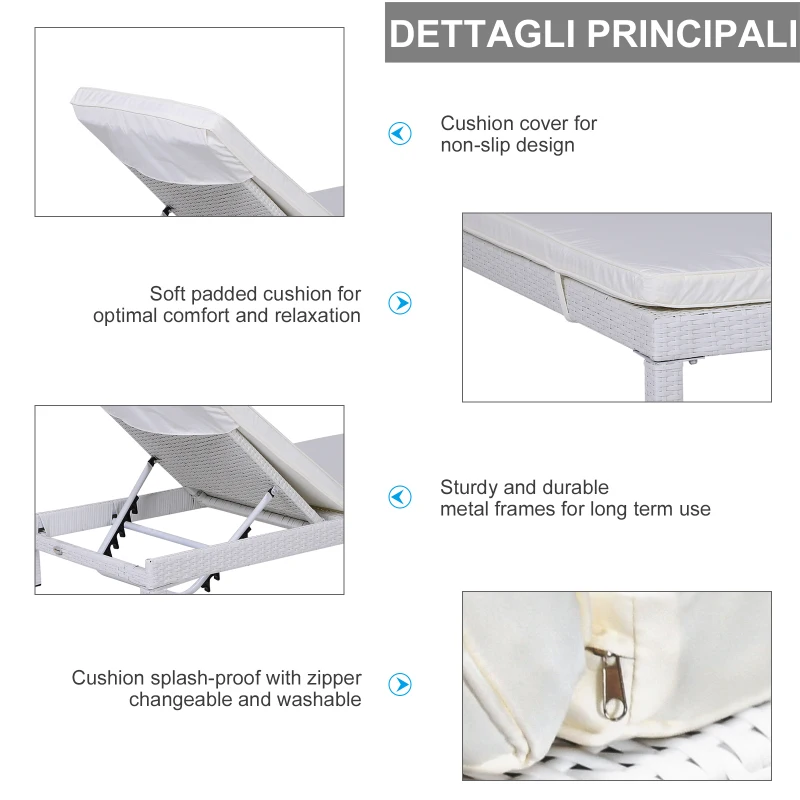 Outsunny Set 2 Sezloguri de Gradina in PE Rattan cu Perna Captusita Alba