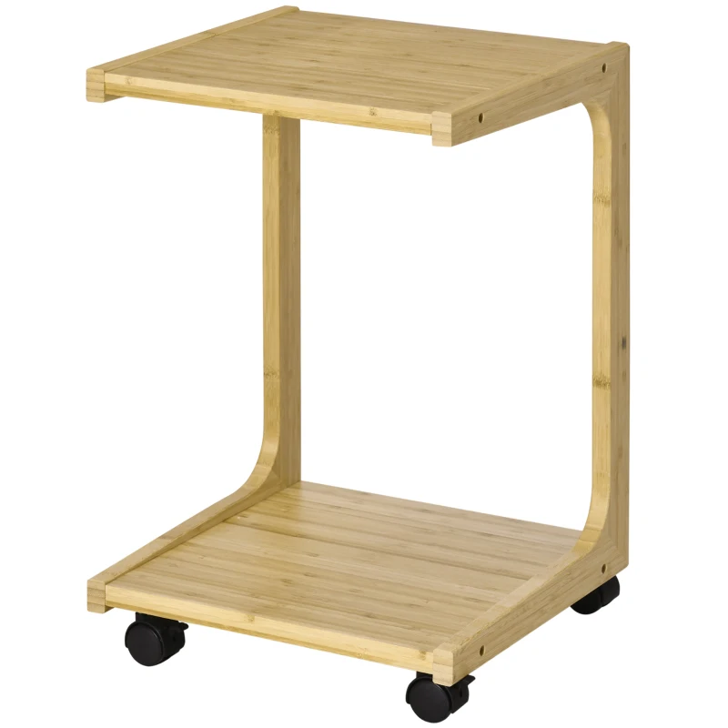 HOMCOM Tavolino da Divano con 4 Ruote e Design a C, Struttura Salvaspazio in Bambù per Salotto, 39x35.5x59cm, Colore Naturale