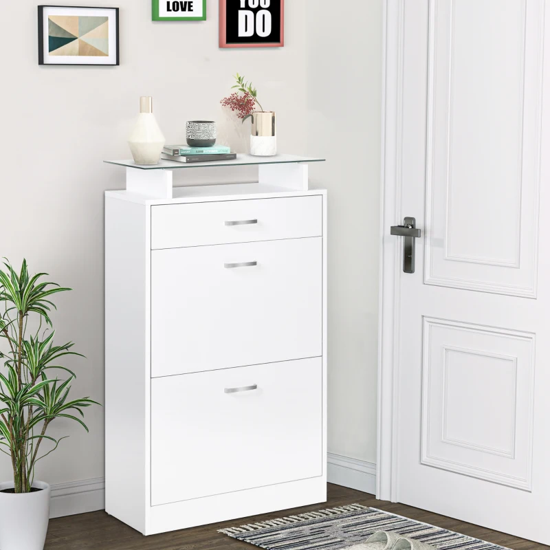 HOMCOM Multi-Functional Drawer Shoe Cabinet with Glass Top Entryway Boots Storage Rack