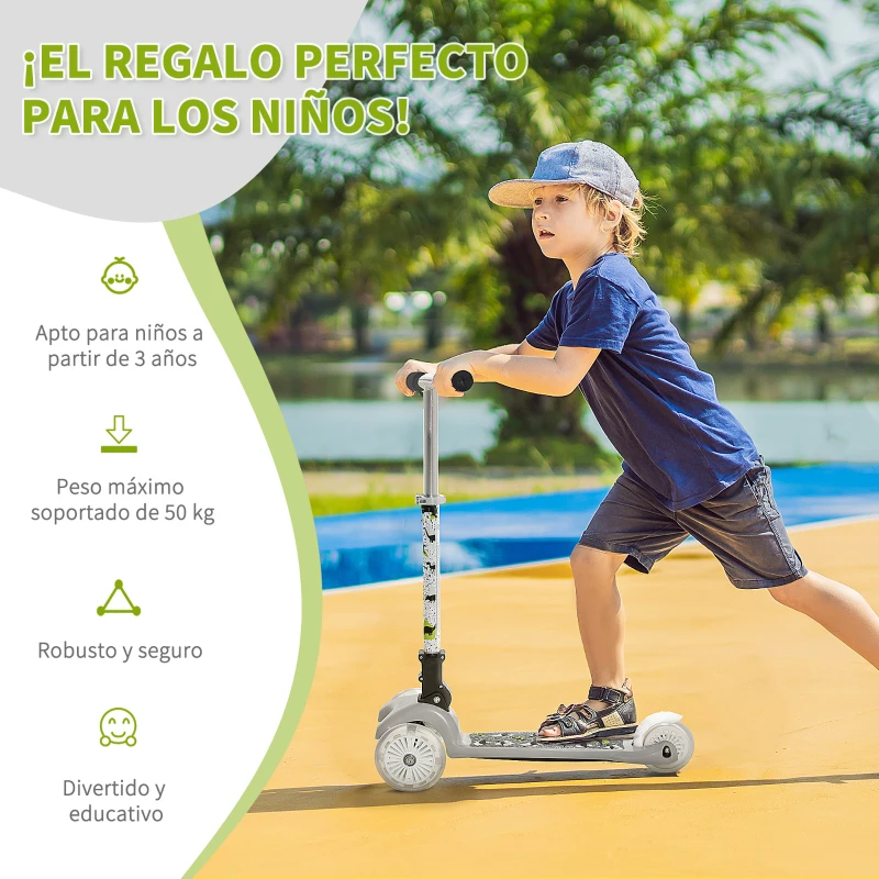HOMCOM Patinete para Niños de +3 Años Plegable Patinete 3 Ruedas con Luces LED Manillar Altura Ajustable y Freno Posterior Carga Máxima 50 kg 54,7x32,5x59-69 cm Gris