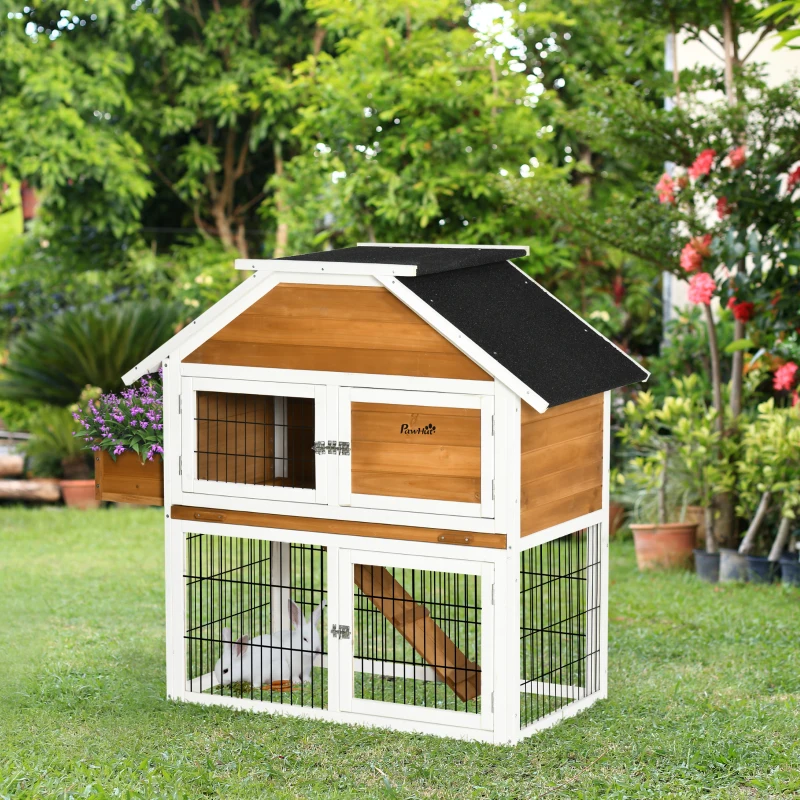 PawHut 2 Tier Wooden Rabbit Hutch, Guinea Pig Cage, Bunny Run, Small Animal House for Indoor Outdoor with Plant Box, Slide-out Tray, Ramp, 123 x 58 x 106cm, Natural