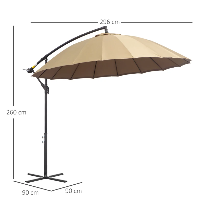 Outsunny 3(m) Cantilever Umbrella 18 Ribs & Vents Adjustable Angle for Patio Khaki