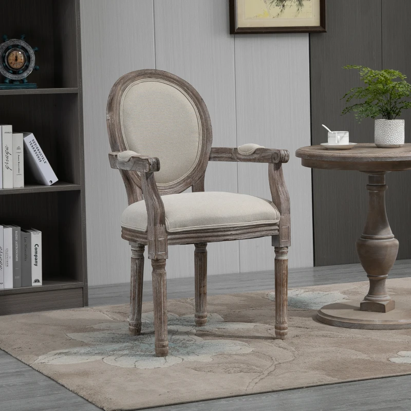 HOMCOM Dining Chair Vintage Round Back Solid Wood Frame for Living Room, Kitchen Upholstered Seat, Cream