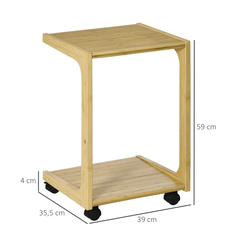 HOMCOM C-Shaped Side Table, Mobile End Table, Under Sofa Table with Wheels, Bamboo Frame for Living Room, Bedroom