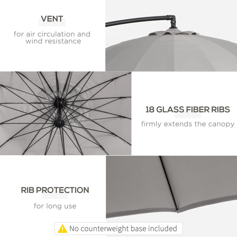 Outsunny 3(m) Cantilever Umbrella 18 Ribs & Vents Adjustable Angle for Patio Light Grey