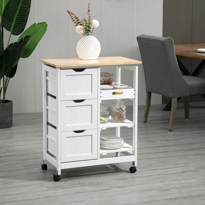 HOMCOM Rolling Kitchen Island Cart, Bar Serving Cart, Compact Trolley on Wheels with Wood Top, Shelves & Drawers for Home Dining Area, White